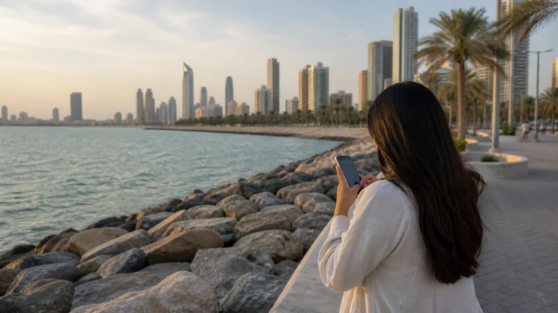 Traveller using a smartphone in a Kuwait setting related to using mobile internet while exploring salmiya