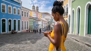 Traveller using a smartphone in Brazil for salvador mobile internet