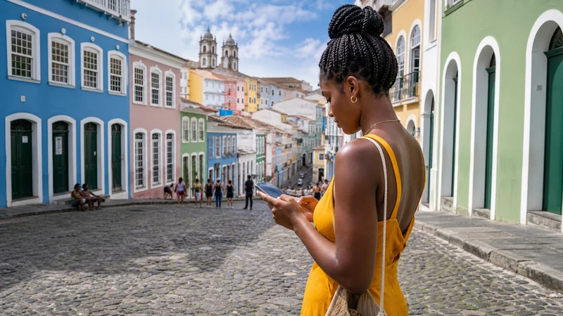 Traveller using a smartphone in Brazil for salvador mobile internet
