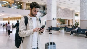 Traveller setting up an eSIM at Samarkand Airport
