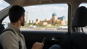Traveller using a smartphone during a Samarkand airport transfer