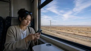 Train passenger using a smartphone between Samarkand and Bukhara