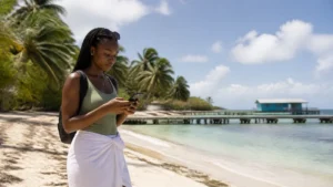 Traveller using a smartphone in Colombia for mobile data on san andrés island