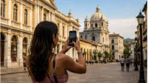 Traveller using a smartphone in El Salvador while researching mobile internet in santa ana, el salvador