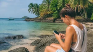 Traveller using a smartphone in Panama for santa catalina panama mobile internet
