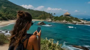 Traveller using a smartphone in Colombia for what to expect from mobile internet in santa marta