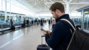 Traveller using a smartphone in Chile for setting up your esim after landing at santiago airport