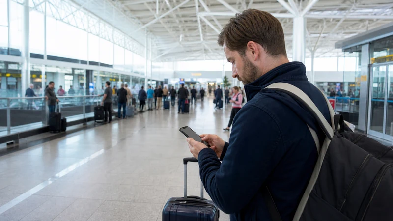 Traveller using a smartphone in Chile for setting up your esim after landing at santiago airport