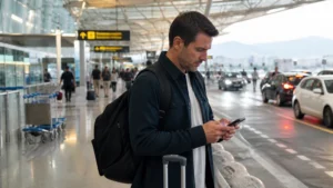Traveller using a smartphone in Chile for getting mobile data from santiago airport to the city