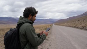 Traveller using a smartphone in Chile for mobile data on the journey from santiago to san pedro de atacama