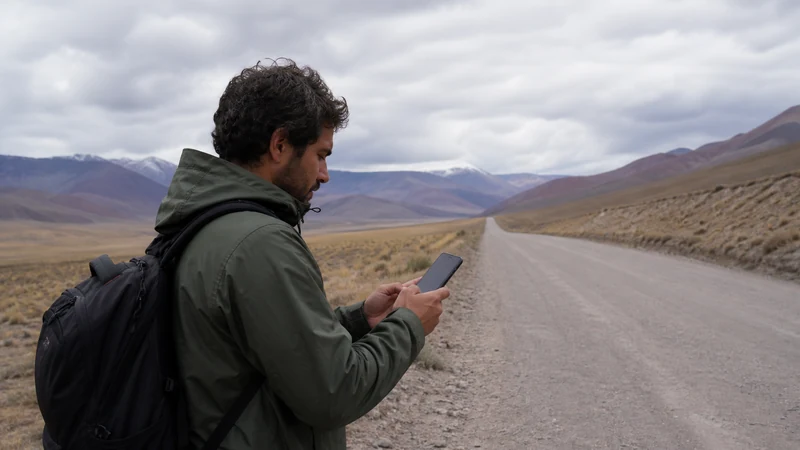 Traveller using a smartphone in Chile for mobile data on the journey from santiago to san pedro de atacama
