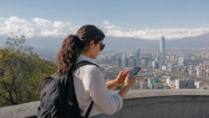 Traveller using a smartphone in Chile for staying online from santiago to valparaíso