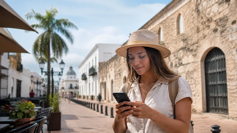 Traveller using a smartphone in the Dominican Republic for santo domingo punta cana mobile internet