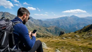 Traveller using a smartphone during mobile internet in šar mountains in North Macedonia.