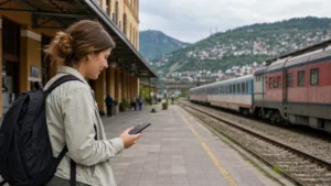 Traveller using a smartphone during sarajevo to mostar mobile internet in Bosnia and Herzegovina.