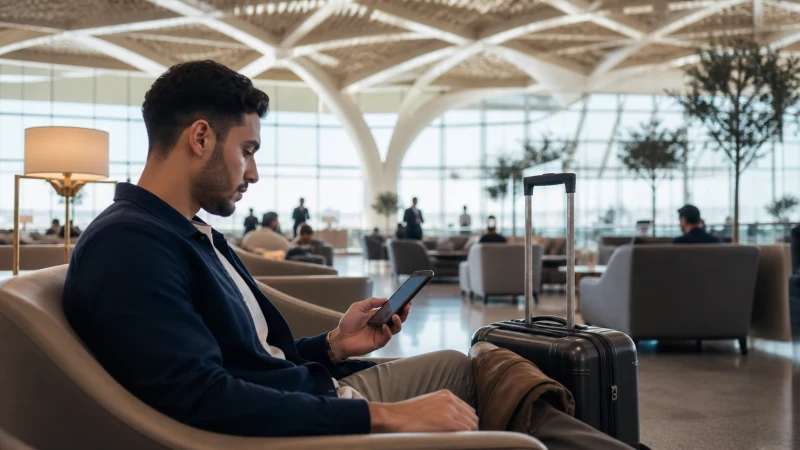 Traveller using a smartphone securely in a Saudi airport lounge.