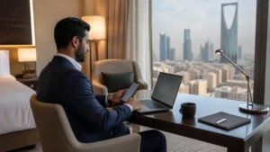 Business traveller using mobile data from a Riyadh hotel workspace.