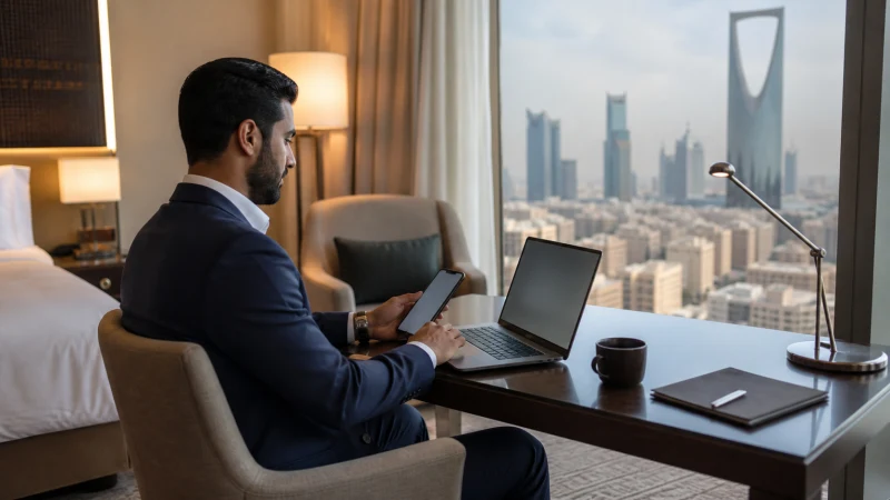 Business traveller using mobile data from a Riyadh hotel workspace.