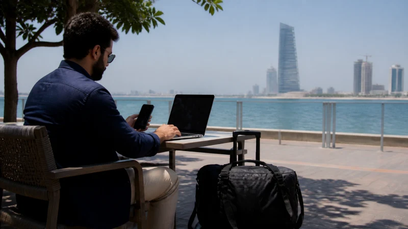Remote worker using a phone and laptop beside the Jeddah waterfront.