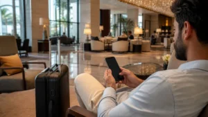 Traveller setting up an Android eSIM in a Jeddah hotel lobby.