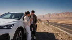 Travellers checking mobile coverage during a Saudi road trip.