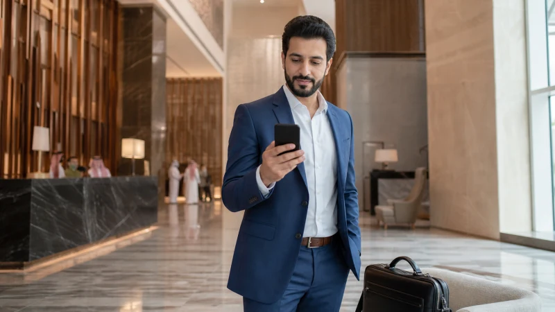Business traveller checking dual-SIM settings in a Riyadh hotel.