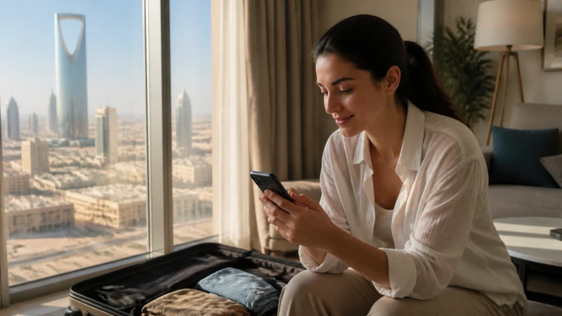 Traveller configuring an iPhone eSIM beside luggage in Riyadh.