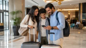 Family coordinating mobile data in a Jeddah hotel lobby.