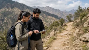 Hikers reviewing maps before a trail in the Asir mountains.
