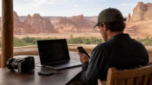 Photographer backing up travel images on an AlUla terrace.