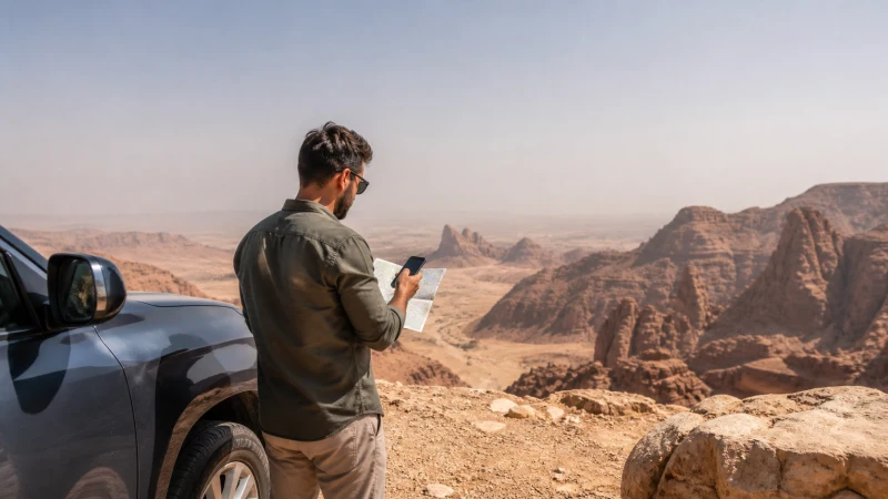 Traveller preparing mobile and offline navigation in a remote Saudi landscape.