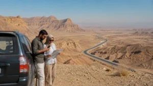 Travellers planning navigation beside a Saudi desert highway.