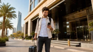 Weekend traveller checking mobile data outside a Riyadh hotel.