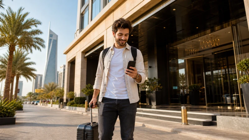 Weekend traveller checking mobile data outside a Riyadh hotel.