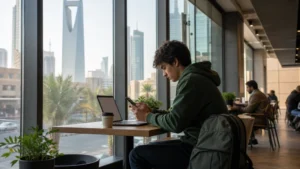 Student traveller using mobile data in a Riyadh study café.