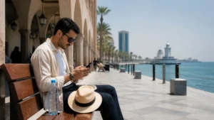 Traveller using a phone in the shade beside the Jeddah waterfront.