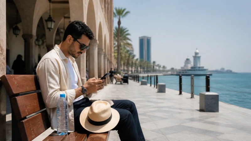 Traveller using a phone in the shade beside the Jeddah waterfront.