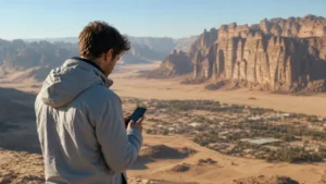 Traveller checking mobile data at a cool AlUla viewpoint.