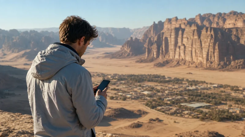 Traveller checking mobile data at a cool AlUla viewpoint.
