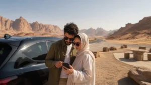 Travellers checking cross-border connectivity at a desert rest point.