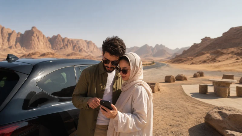 Travellers checking cross-border connectivity at a desert rest point.