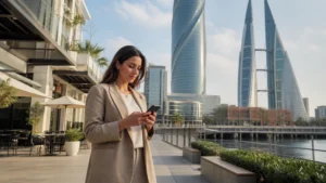 Traveller using a smartphone in Bahrain for seef mobile internet