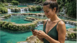 Traveller using a smartphone in Guatemala for semuc champey mobile internet