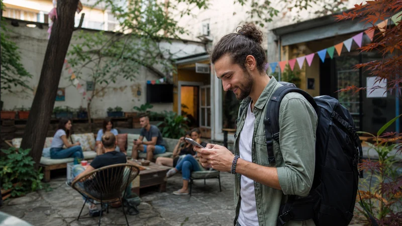 Traveller using a smartphone during budget travel in serbia in Serbia.