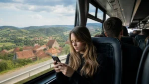 Traveller using a smartphone during serbia intercity bus wifi and mobile data guide in Serbia.