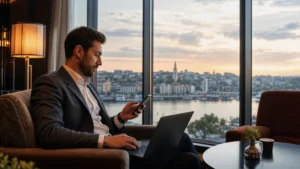 Traveller using a smartphone during serbia business travel internet and esim guide in Serbia.