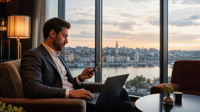 Traveller using a smartphone during serbia business travel internet and esim guide in Serbia.