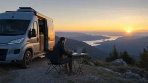 Traveller using a smartphone during campervan internet in serbia in Serbia.
