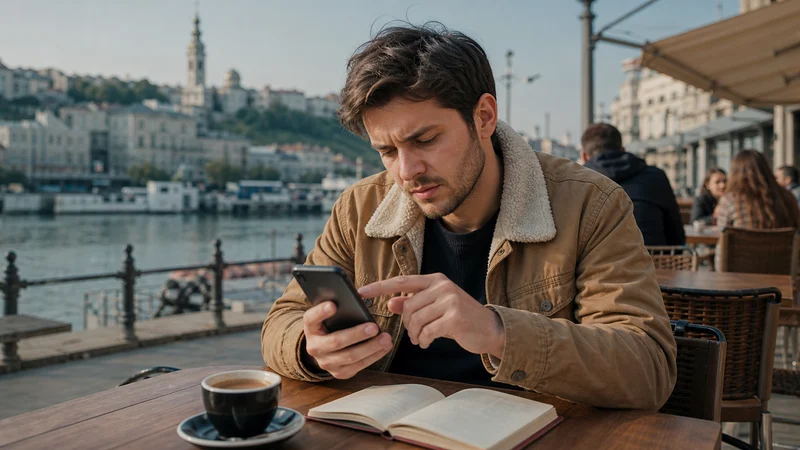 Traveller using a smartphone during serbia esim apn settings in Serbia.