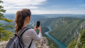 Traveller using a smartphone during serbia esim coverage in Serbia.